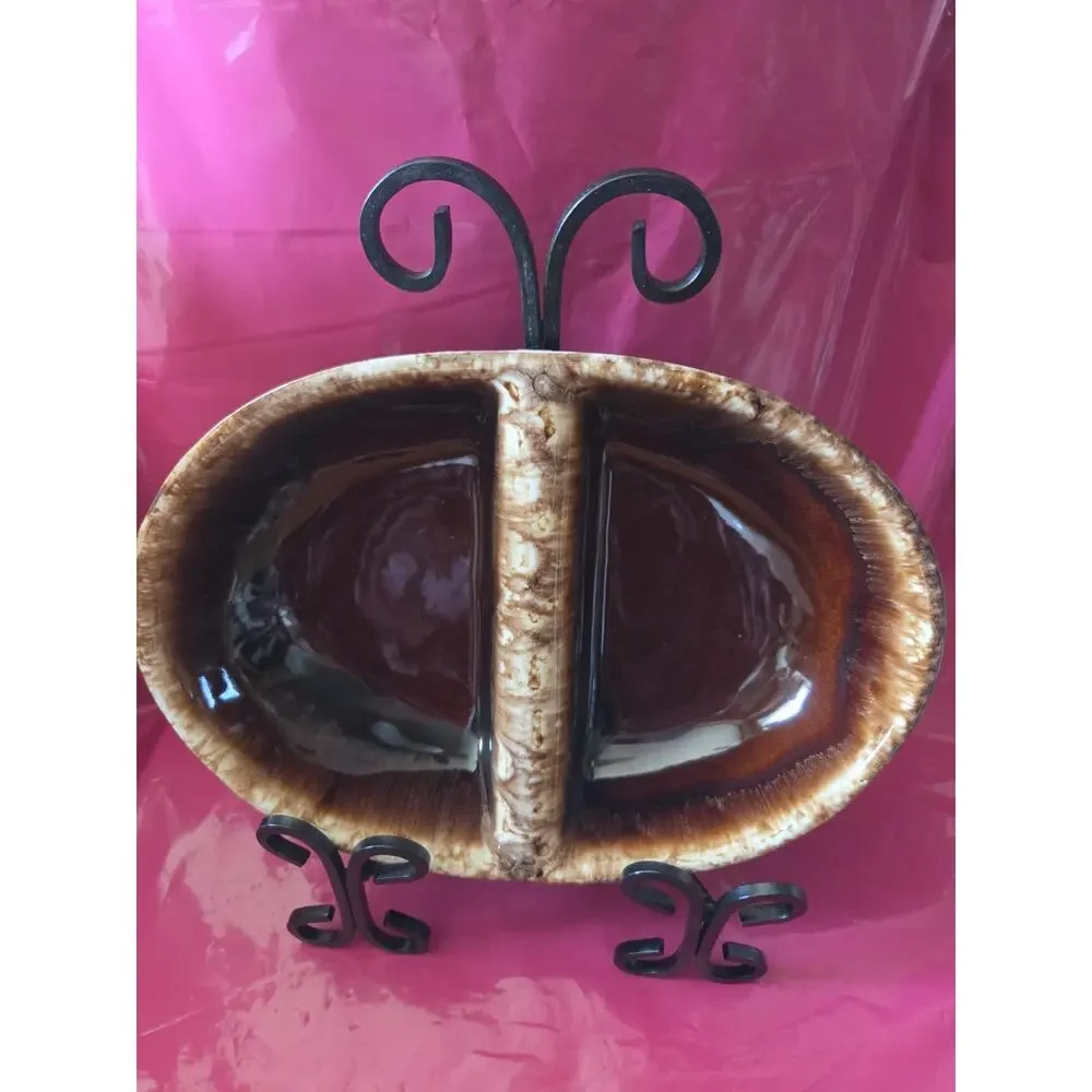 VTG Kathy Kale Pottery Brown Drip Glaze 11 Divided Vegetable Serving Dish USA